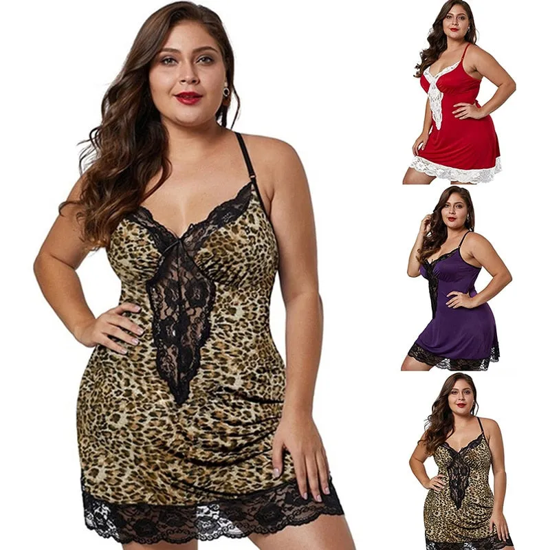 VenusFox Ladies Sleep Wear ladies 5XL Sexy Leopard Deep V Neck Pajamas Female Lace Patchwork Backless Lingerie Mini Dress