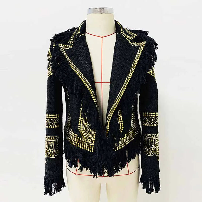 Women Black Blazer With Tassel tweed Jacket Coat