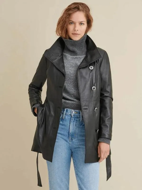 Women's Black Plain Leather Coat