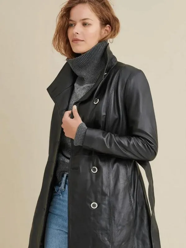 Women's Black Plain Leather Coat