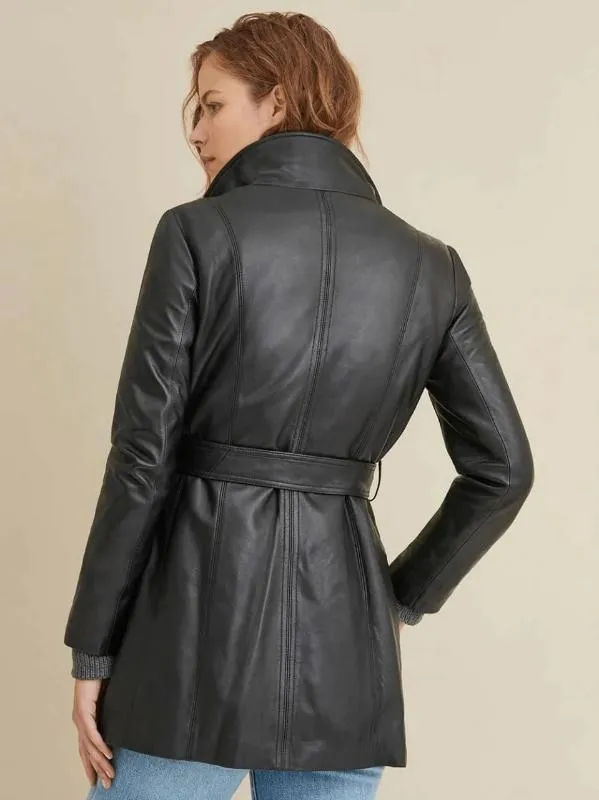 Women's Black Plain Leather Coat