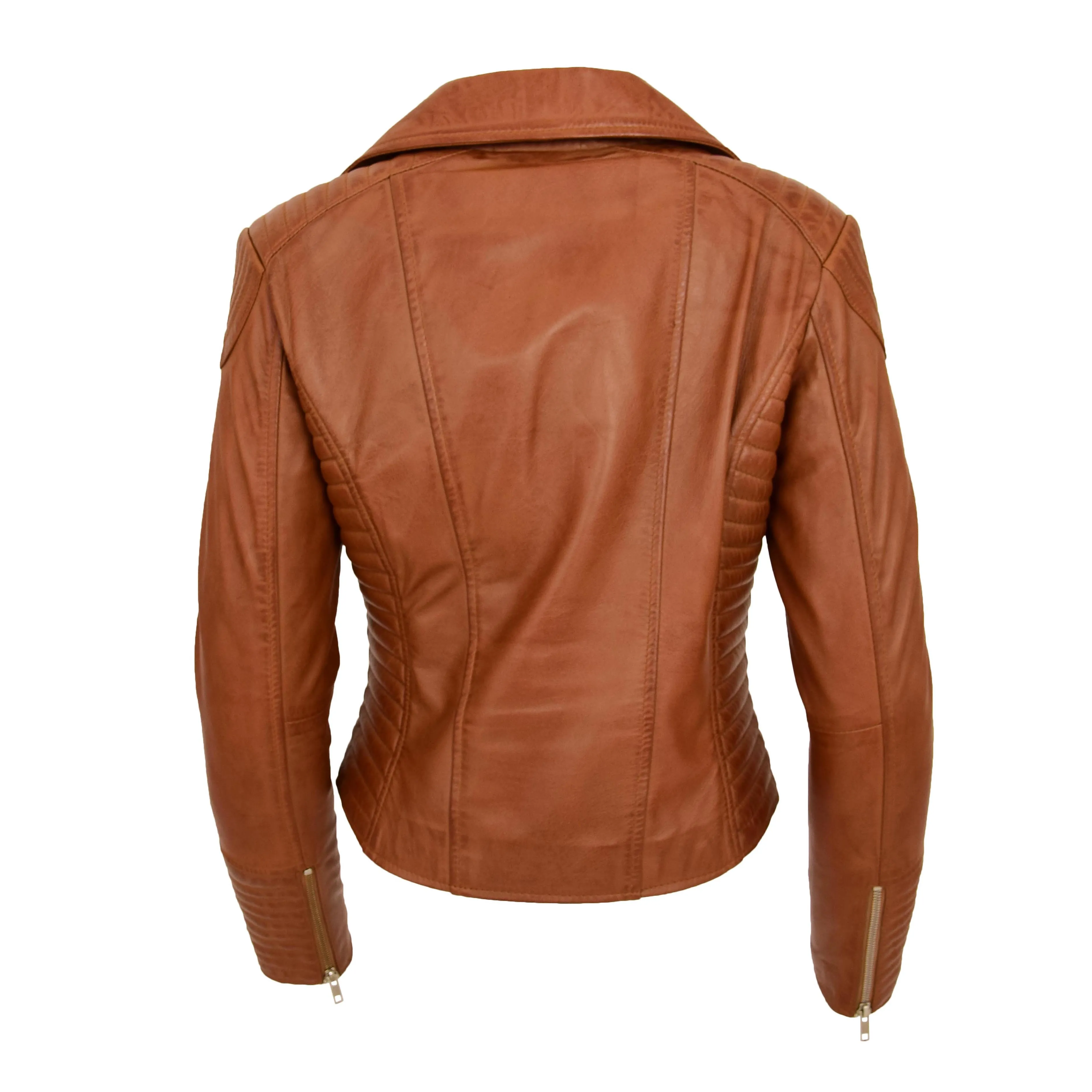 Womens Designer Leather Biker Jacket Fitted Quilted Bonita Tan