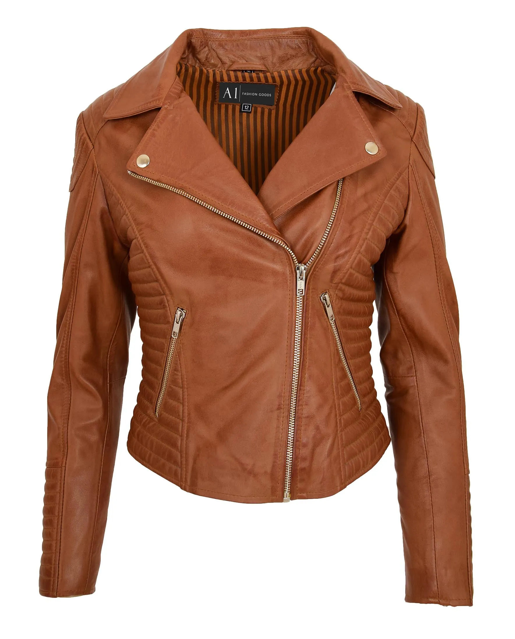 Womens Designer Leather Biker Jacket Fitted Quilted Bonita Tan