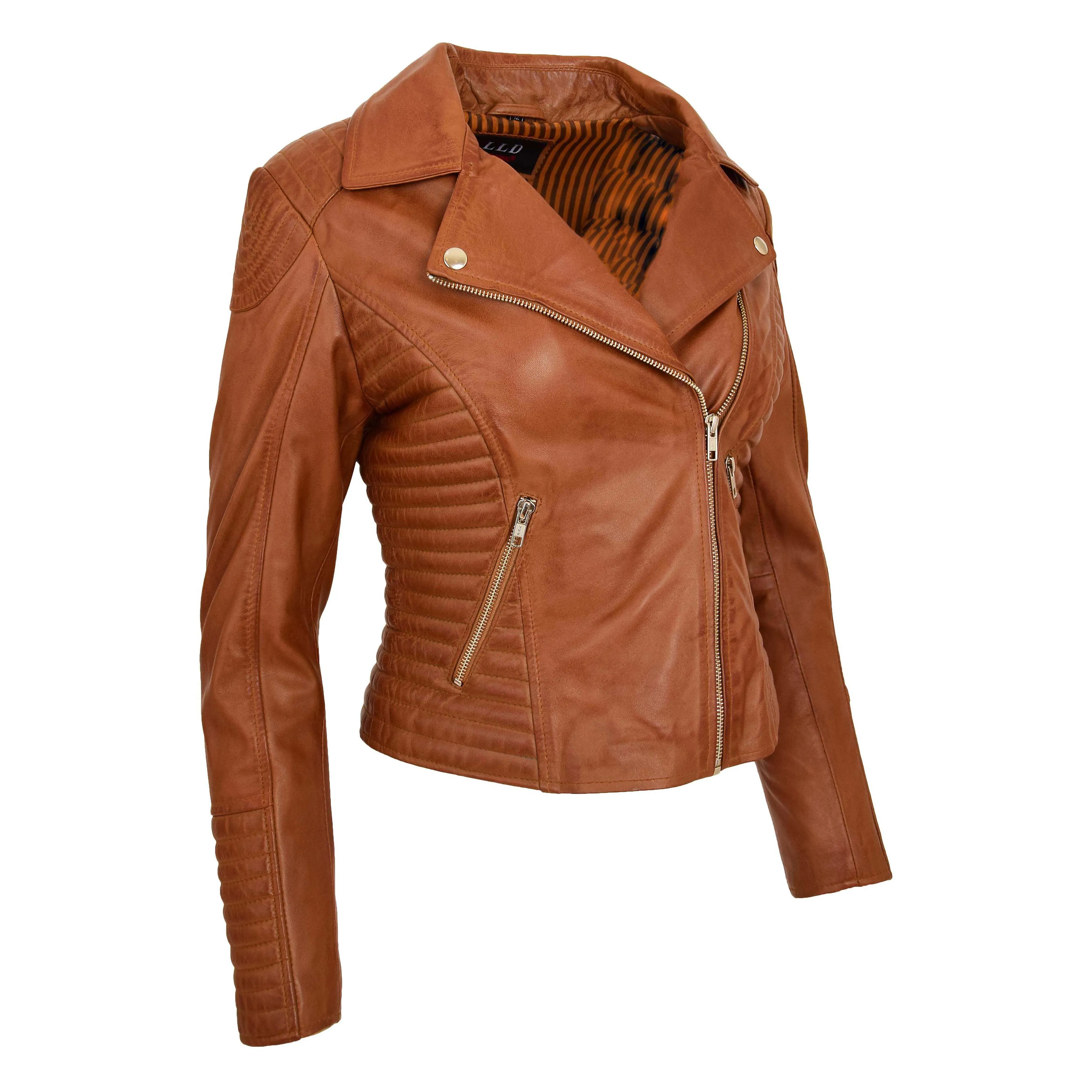 Womens Designer Leather Biker Jacket Fitted Quilted Bonita Tan