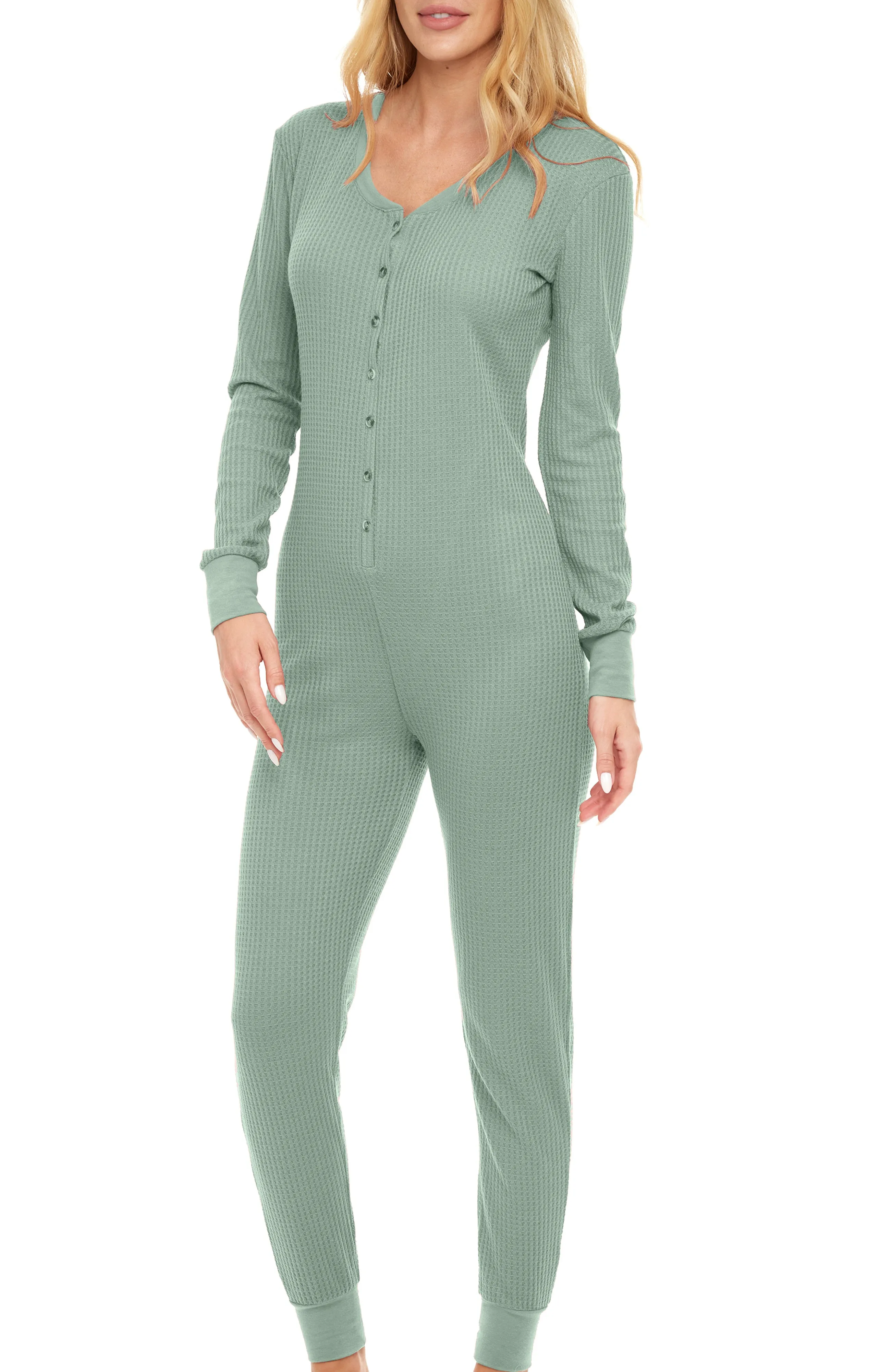 Women's Waffle Knit Thermal Onesie Pajama Romper