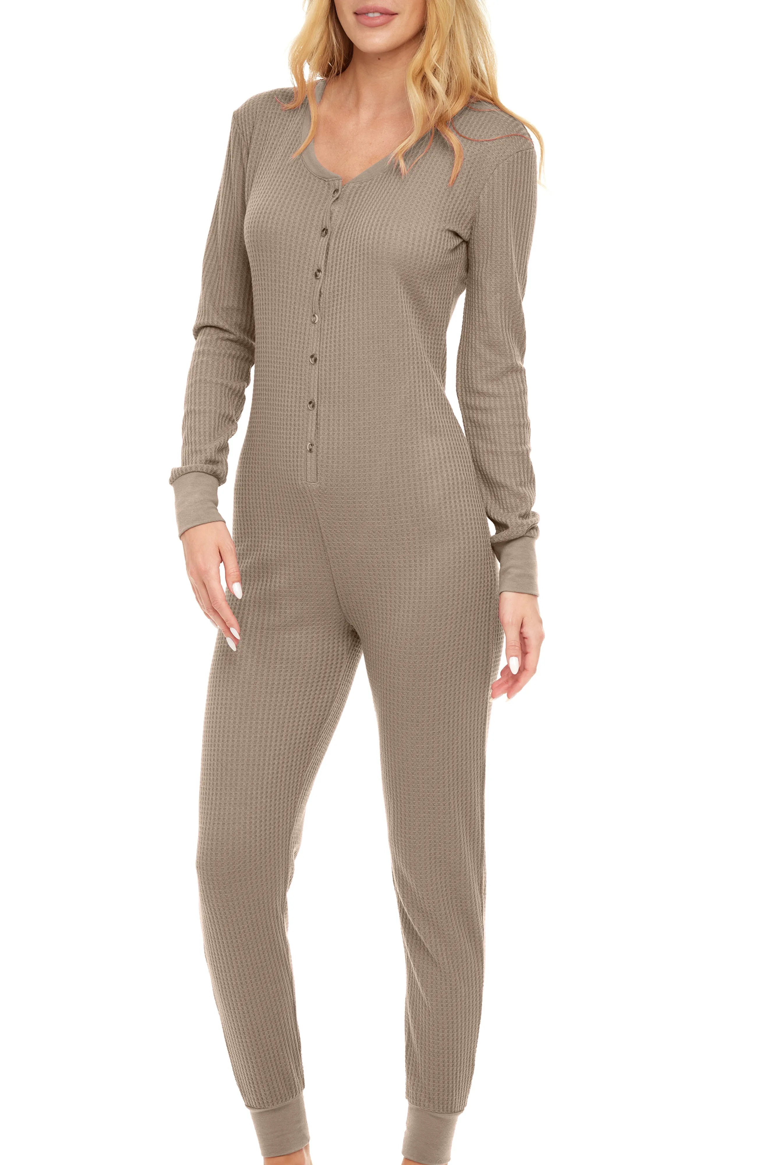 Women's Waffle Knit Thermal Onesie Pajama Romper